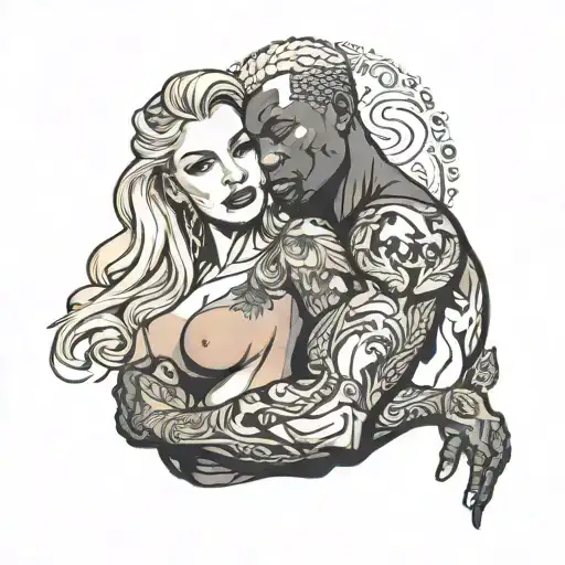 nude blonde slim european girl snuggling muscular black man tattoo design idea