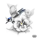 Bluejay and pansies tattoo design idea