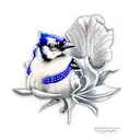 Bluejay and pansies tattoo design idea
