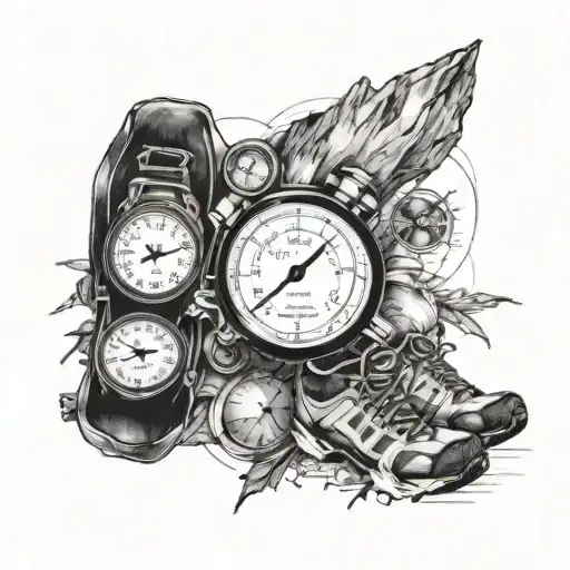 A speedometer integrated into a family portrait with hiking gear scattered around tattoo design idea