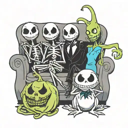 friends couch with jack skellington, oogie boogie, stitch, toothless and ghostface tattoo design idea