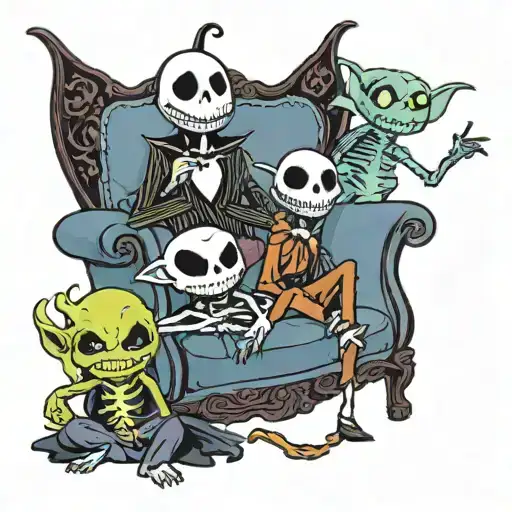 Jack skellington, oogie boogie, stitch, toothless and ghostface on the iconic friends couch  tattoo design idea