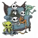 Jack skellington, oogie boogie, stitch, toothless and ghostface on the iconic friends couch  tattoo design idea