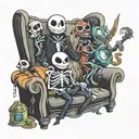 Jack skellington, oogie boogie, stitch, toothless and ghostface on the iconic friends couch  tattoo design idea