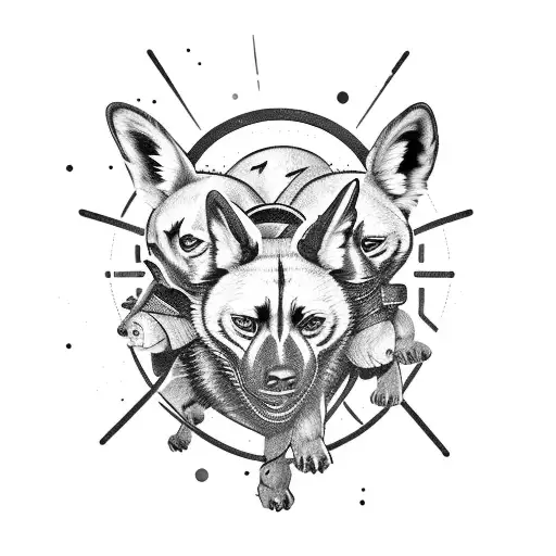 A pack of wild dogs with glowing eyes playing video games in a post-apocalyptic setting tattoo design idea