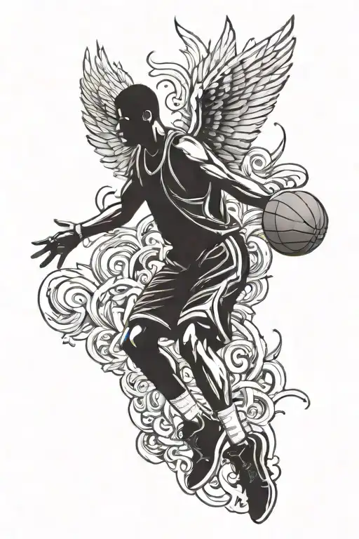 A basketball player silhouette dunking a basketball with angel wings on his back tattoo design idea