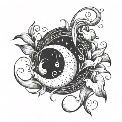 A crescent moon made of calla lilies, with musical notes floating around it tattoo design idea