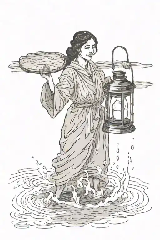 woman wading through water holding up lantern shining light tattoo design idea