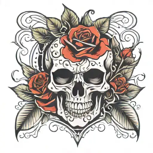 red rose skull face tattoo design idea