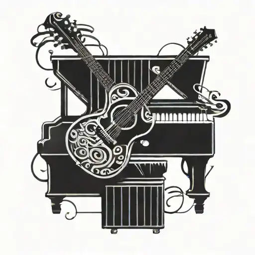 A guitar and piano intertwined with musical notes forming a cross, symbolizing your passion for playing music for church worship tattoo design idea