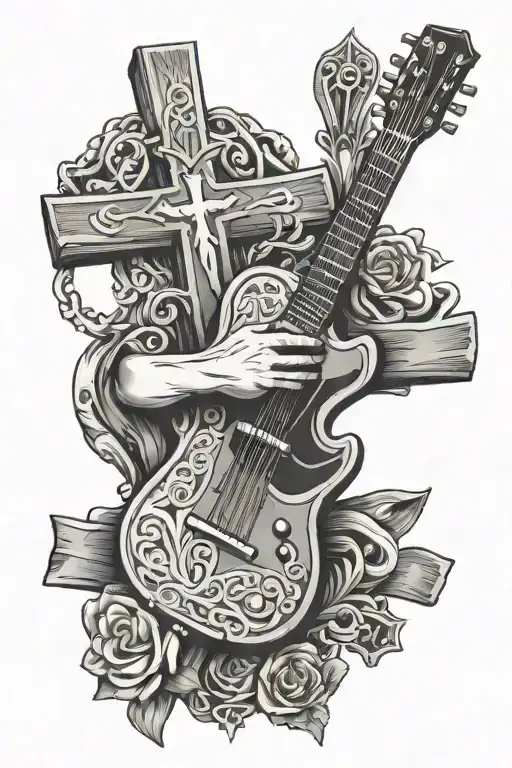Guitar and crucifix wooden cross tattoo design idea