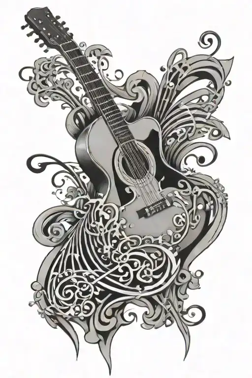 detailed guitar, surrounded by flowing musical notes and a treble clef a subtle cross tattoo design idea