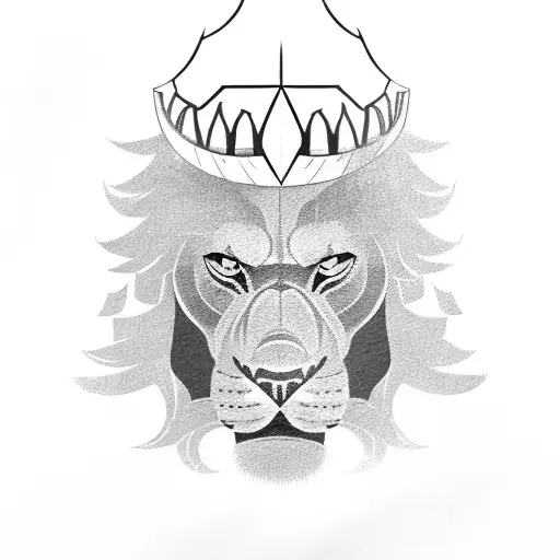 a blackwork tattoo of a roaring lion wearing a gladiator helmet tattoo design idea