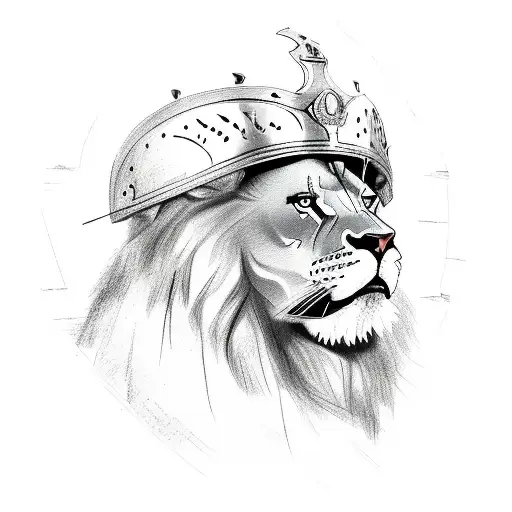 A detailed sketch of a lion wearing a gladiator helmet tattoo design idea