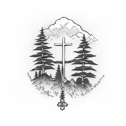 A combination of hiking trail markers and religious symbols like a cross and a weeping willow tree intertwined in a unique pattern tattoo design idea
