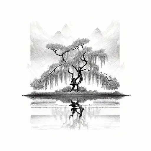 An abstract representation of Jesus walking on water with a weeping willow tree reflected in the water tattoo design idea
