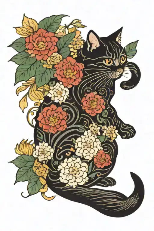 Japanese-style cat in flowers growing tattoo design idea