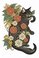 Japanese-style cat in flowers growing tattoo design idea