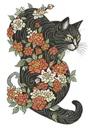 Japanese-style cat in flowers growing tattoo design idea