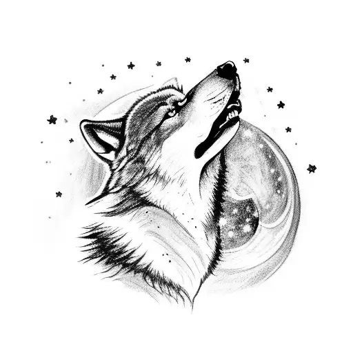 A wolf howling at the night sky with a galaxy inside its silhouette tattoo design idea
