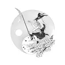 A witch riding a crescent moon surrounded by cherry blossom flowers tattoo design idea