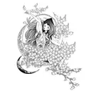 A witch riding a crescent moon surrounded by cherry blossom flowers tattoo design idea