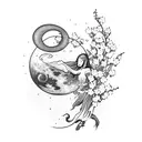 A witch riding a crescent moon surrounded by cherry blossom flowers tattoo design idea