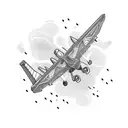two luggage bags and a flight taking off tattoo design idea