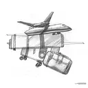 two luggage bags and a flight taking off tattoo design idea