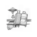two luggage bags and a flight taking off tattoo design idea