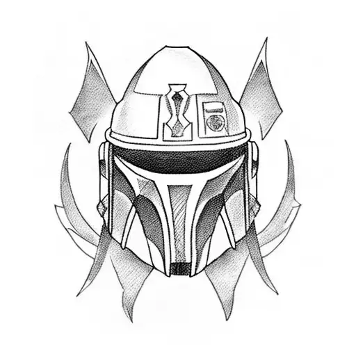 A blackwork tattoo of a Mandalorian helmet with Mythasour horns emerging from the sides tattoo design idea