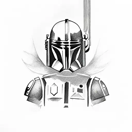 A sketch style tattoo of a Mythasour in Mandalorian armor wielding a lightsaber tattoo design idea
