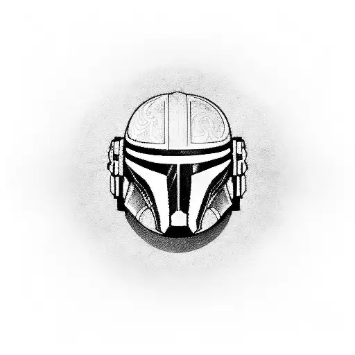 A blackwork tattoo of a Mandalorian helmet with Mythasour eyes peering through the visor tattoo design idea