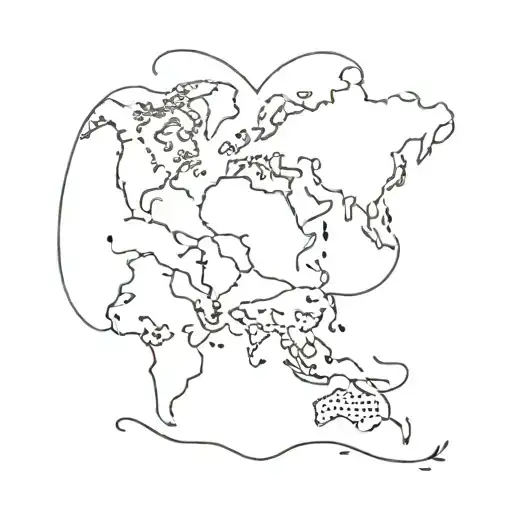 A minimalist tattoo of a heart-shaped world map with a dog and cat paw prints on different continents, reflecting your love for travel and pets tattoo design idea