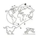A minimalist tattoo of a heart-shaped world map with a dog and cat paw prints on different continents, reflecting your love for travel and pets tattoo design idea