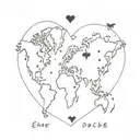 A minimalist tattoo of a heart-shaped world map with a dog and cat paw prints on different continents, reflecting your love for travel and pets tattoo design idea