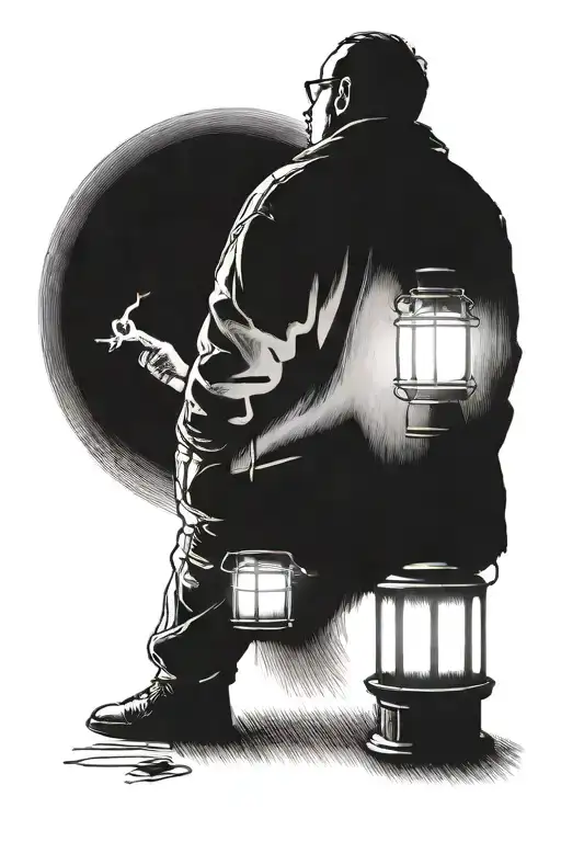 Man in a jacket, fat, back view, dim lantern light, cigarette in hand, depression, goodbye tattoo design idea