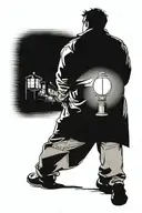 Man in a jacket, fat, back view, dim lantern light, cigarette in hand, depression, goodbye tattoo design idea