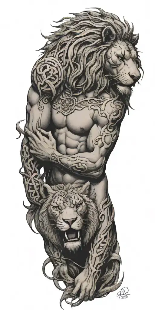 Gilgamesh holding a lion with ziggurats going down arm and vines intertwined  tattoo design idea