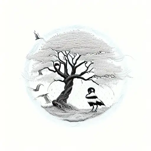 Tree of Life with a raven, owl, swan, and ibis around it  tattoo design idea