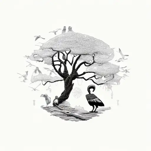 Tree of Life with a raven, owl, swan, and ibis around it  tattoo design idea