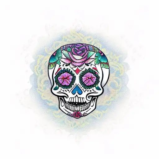 A traditional Mexican sugar skull surrounded by water lilies tattoo design idea