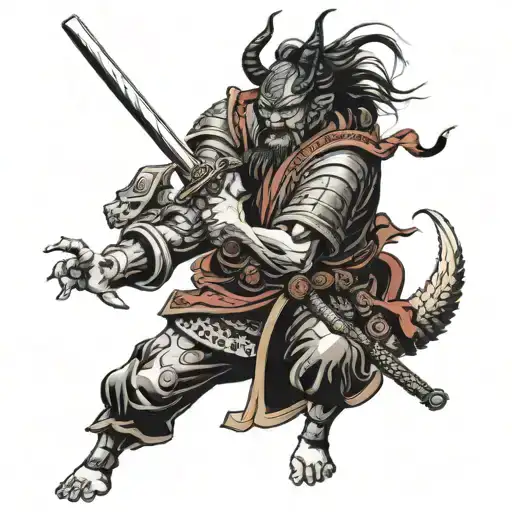 A samurai fighting with demon to save a village tattoo design idea