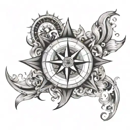 A stylized compass rose with ocean waves and celestial elements like sun, moon, and stars tattoo design idea
