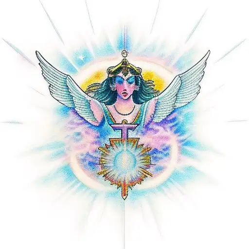 An ethereal angelic figure surrounded by celestial symbols and glowing light, capturing the essence of spirituality and divine guidance tattoo design idea