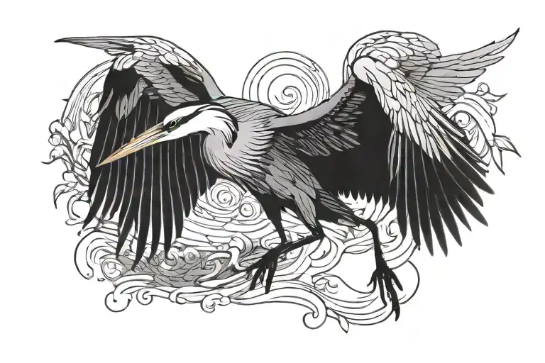 heron in black, gray and white flying away without background  tattoo design idea