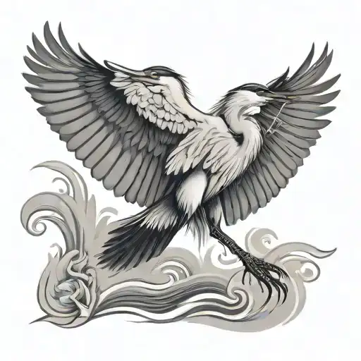 heron in black, gray and white flying away tattoo design idea
