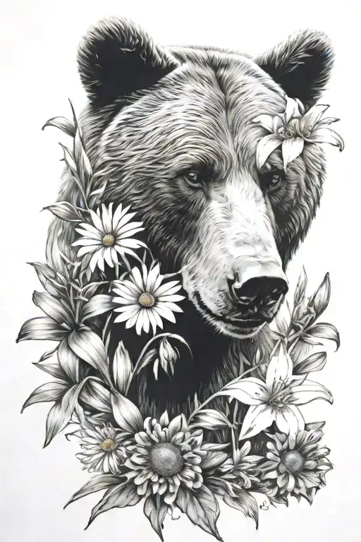 daisies, lilies, grizzly bear tattoo design idea