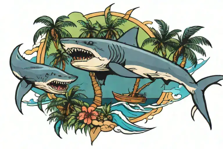 beach with palm trees and shark swimming tattoo design idea