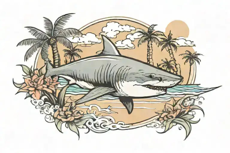 beach with palm trees and shark swimming tattoo design idea